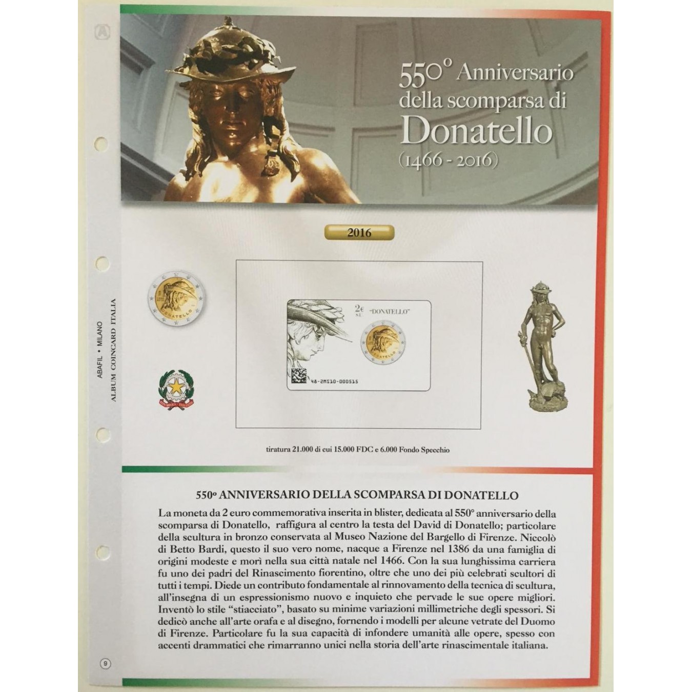 AGG. 2€ ITALIA  COIN CARD 2016 DONATELLO