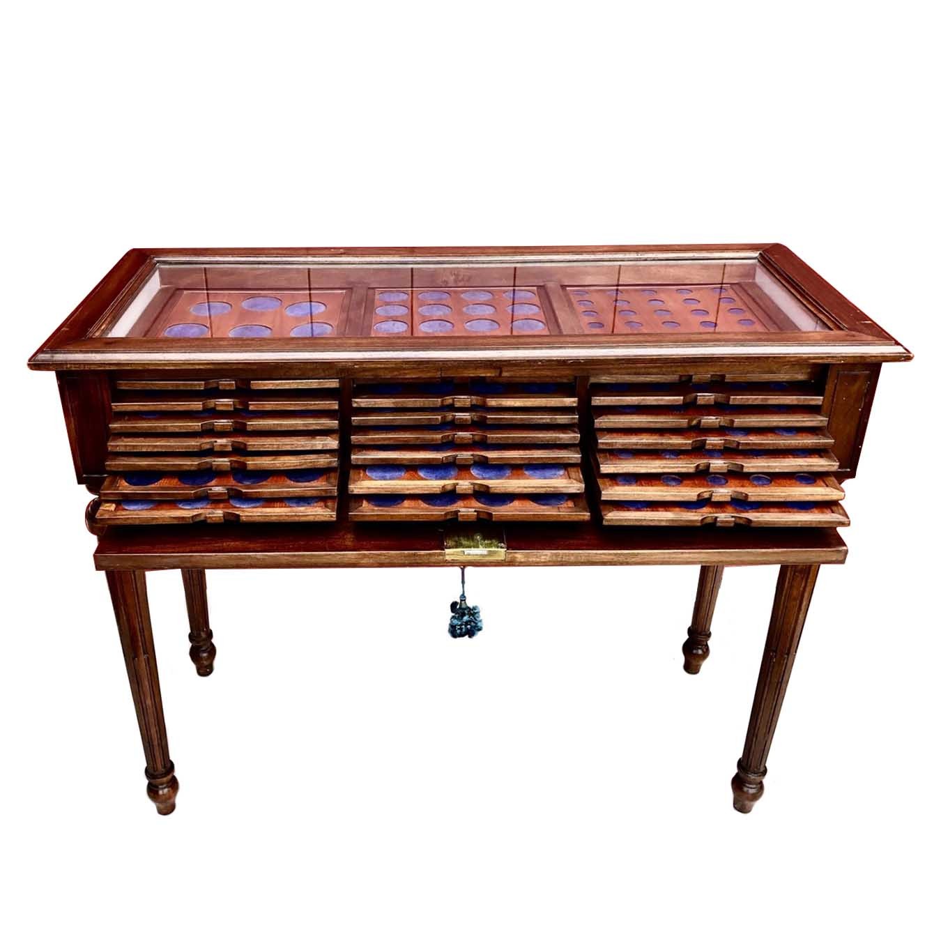 WOOD COIN CABINET WITH GLASS - 21 DRAWERS