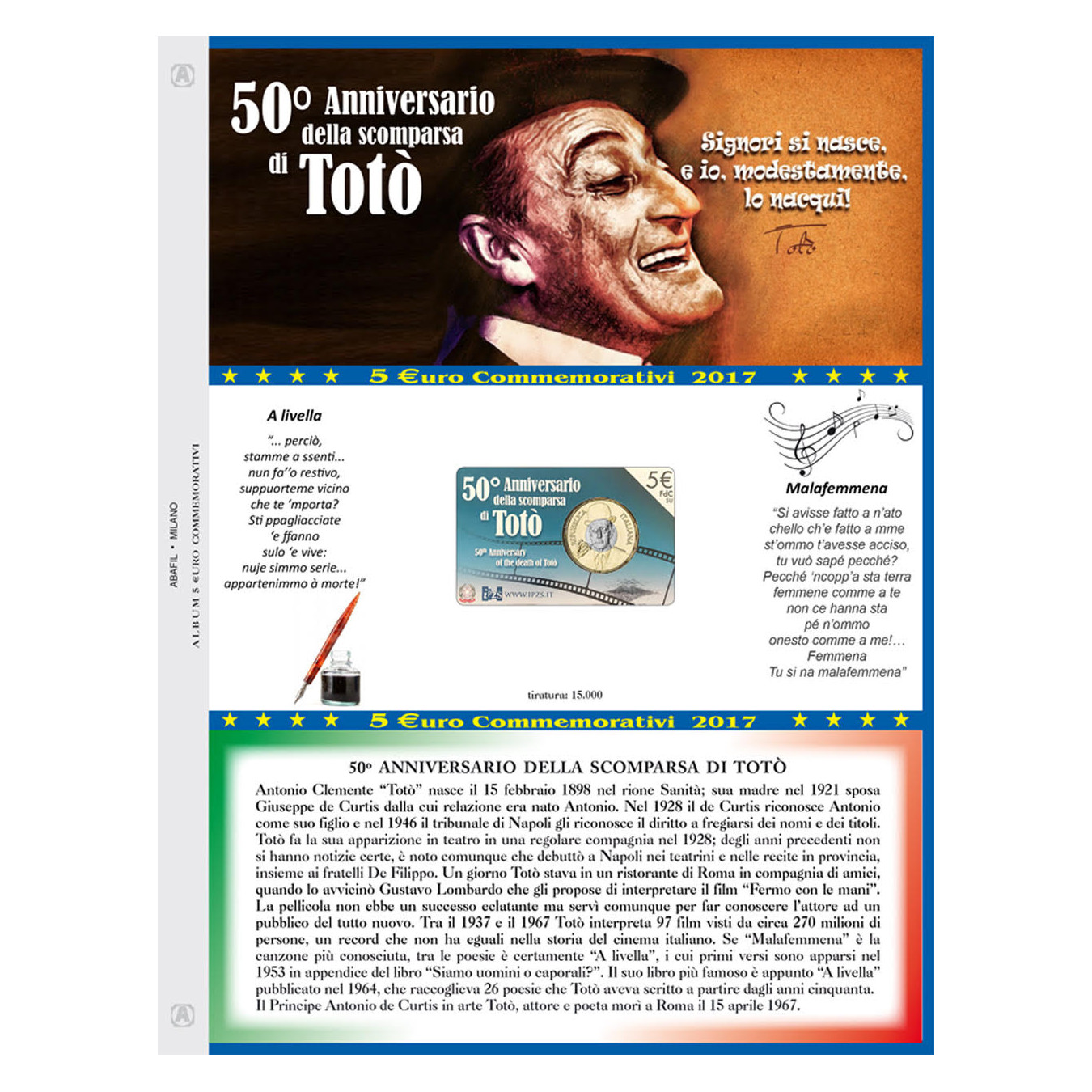 5 EURO COMMEMORATIVI COINCARD ITALIA 2017 - 50' ANNIVERSARIO SCOMPARSA DI TOTO'