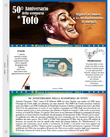 5 EURO COMMEMORATIVI COINCARD ITALIA 2017 - 50' ANNIVERSARIO SCOMPARSA DI TOTO'