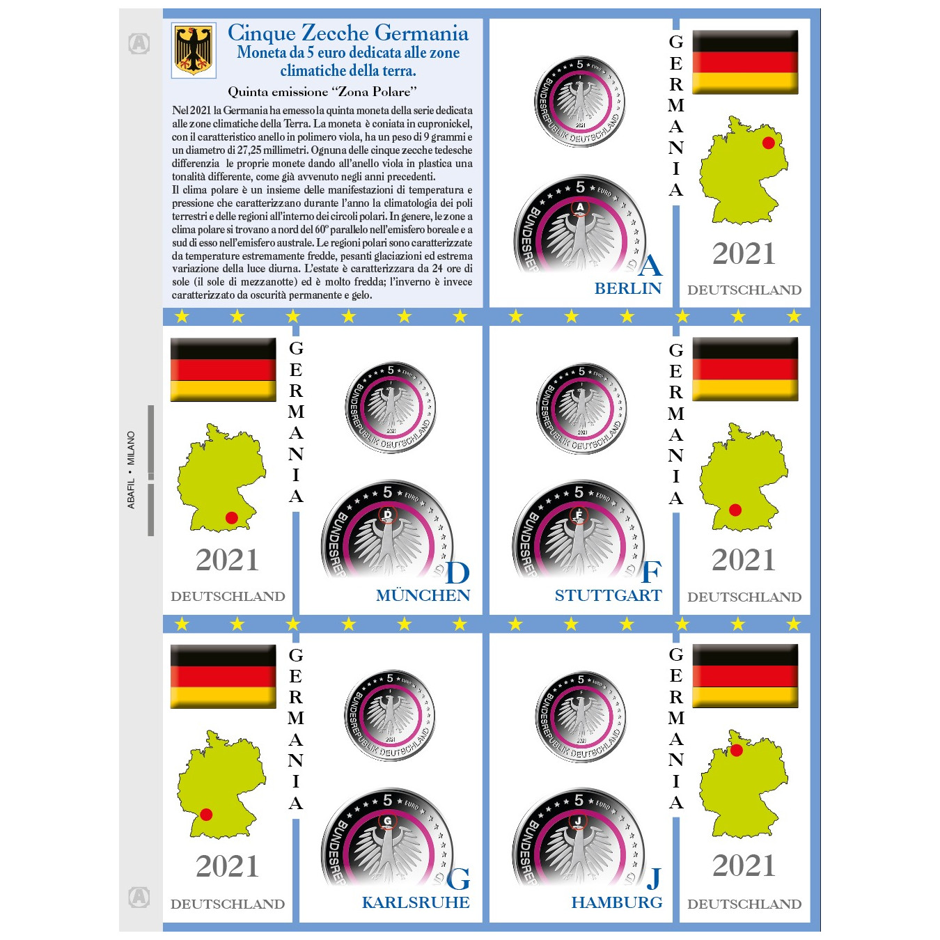 FOGLIO 5 EURO COMMEMORATIVI GERMANIA 5 ZECCHE 2021-5 monete