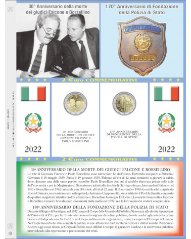 2 EURO COMMEMORATIVI ITALIA 2022 Borsellino - Polizia di Stato - Erasmus