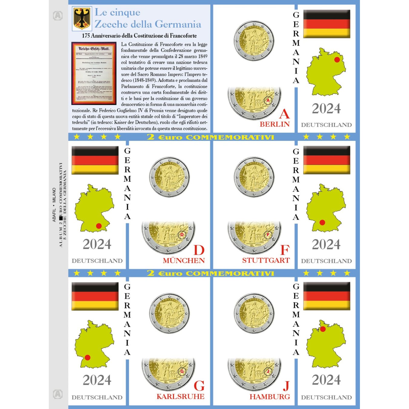 2€ of 5 mints of Germany 2024 AGGIORNAMENTO FOGLIO 2 EURO 5 zecche Germania 2024 - Costituzione di Francoforte