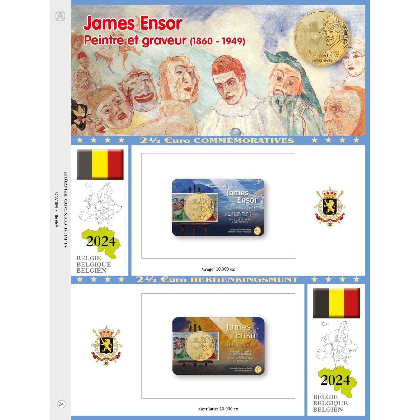 FOGLIO 2 EURO 1/2 COMMEMORATIVI BLISTER DOPPIO BELGIO 2024 - james erson